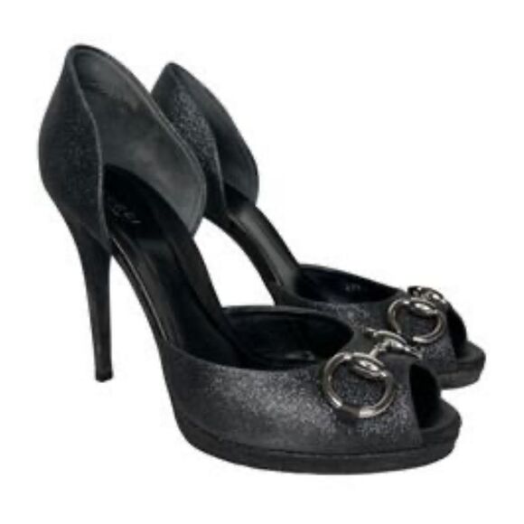 GUCCI Black Glitter Stardust Nappa Charlotte Nero Open Toe Pumps Size 38/ US 8 - Picture 10 of 12